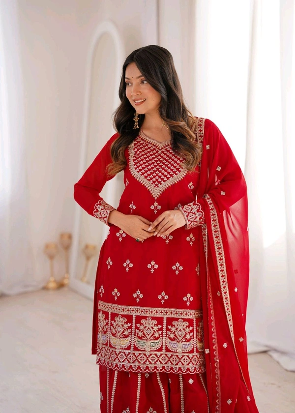 PURE FOX GEORGETTE FABRIC TOP WITH DUPATTA SET,SHARARA READY TO WEAR• NKB-77 - Red, M