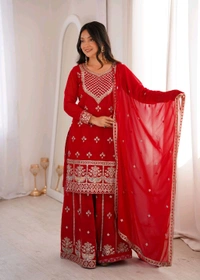 PURE FOX GEORGETTE FABRIC TOP WITH DUPATTA SET,SHARARA READY TO WEAR• NKB-77 - Red, M
