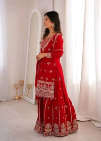PURE FOX GEORGETTE FABRIC TOP WITH DUPATTA SET,SHARARA READY TO WEAR• NKB-77 - Red, M