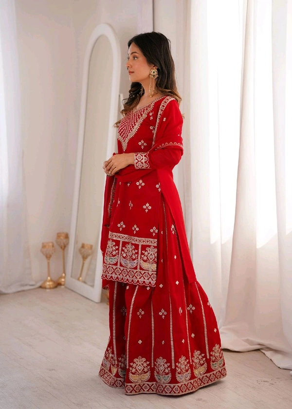 PURE FOX GEORGETTE FABRIC TOP WITH DUPATTA SET,SHARARA READY TO WEAR• NKB-77 - Red, M