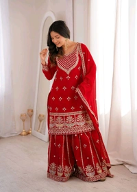 PURE FOX GEORGETTE FABRIC TOP WITH DUPATTA SET,SHARARA READY TO WEAR• NKB-77 - Red, M