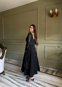 FULLY FLARE KALI PATTERN AND CANVAS PATTA ANARKLAI WITH DUPPTA SET,PENT READY TO WEAR• NKB-76 - Black, M