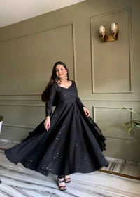 FULLY FLARE KALI PATTERN AND CANVAS PATTA ANARKLAI WITH DUPPTA SET,PENT READY TO WEAR• NKB-76 - Black, L