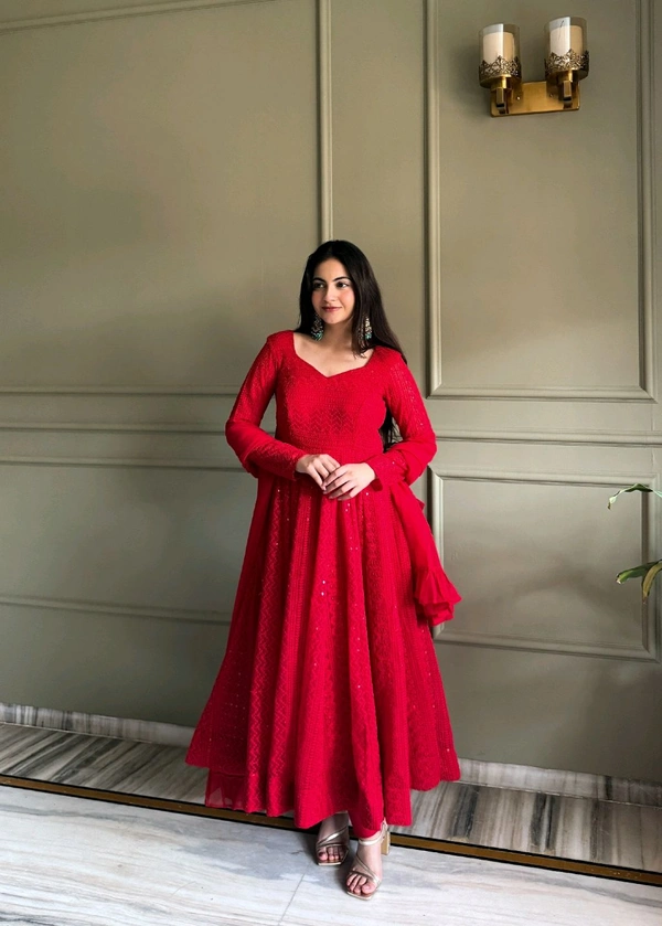 FULLY FLARE KALI PATTERN AND CANVAS PATTA ANARKLAI WITH DUPPTA SET,PENT READY TO WEAR• NKB-76 - Red, S