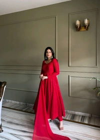 FULLY FLARE KALI PATTERN AND CANVAS PATTA ANARKLAI WITH DUPPTA SET,PENT READY TO WEAR• NKB-76 - Red, S