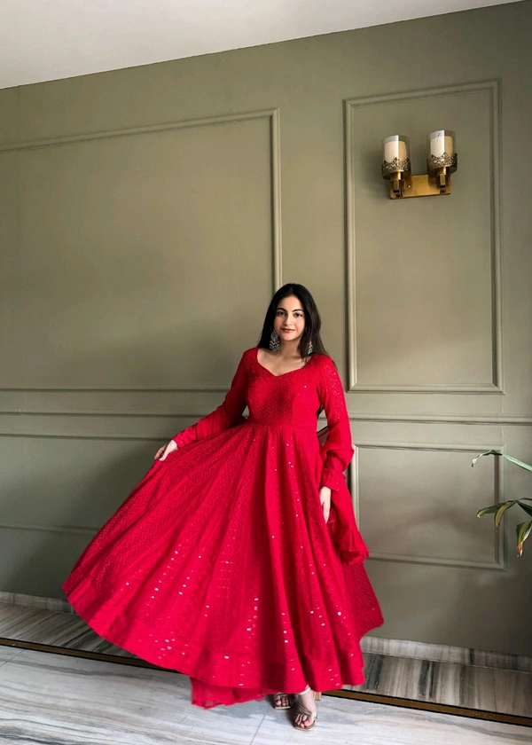 FULLY FLARE KALI PATTERN AND CANVAS PATTA ANARKLAI WITH DUPPTA SET,PENT READY TO WEAR• NKB-76 - Red, S