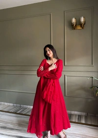 FULLY FLARE KALI PATTERN AND CANVAS PATTA ANARKLAI WITH DUPPTA SET,PENT READY TO WEAR• NKB-76 - Red, XXL