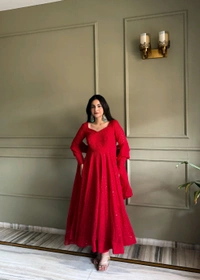 FULLY FLARE KALI PATTERN AND CANVAS PATTA ANARKLAI WITH DUPPTA SET,PENT READY TO WEAR• NKB-76 - Red, XXL