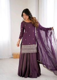 HIGH PREMIUM QUALITY PURE ROMANSHIMMER CHANDERI SILK FABRIC KURTA WITH FULLY FLARE LAHENGA WITH DUPPTA SET•NKB-74 - Pigment Indigo, M