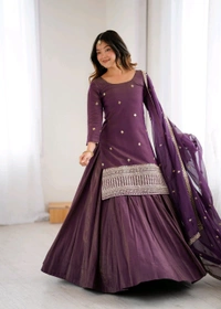 HIGH PREMIUM QUALITY PURE ROMANSHIMMER CHANDERI SILK FABRIC KURTA WITH FULLY FLARE LAHENGA WITH DUPPTA SET•NKB-74 - Pigment Indigo, M