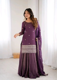 HIGH PREMIUM QUALITY PURE ROMANSHIMMER CHANDERI SILK FABRIC KURTA WITH FULLY FLARE LAHENGA WITH DUPPTA SET•NKB-74 - Pigment Indigo, M