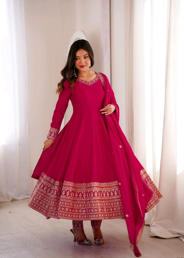 PREMIUM QUALITY PURE BLOOMING VICHITRA SILK FABRIC FULLY FLARE GOWN,WITH DUPATTA WITH PENT FULL SET•NKB-75 - pink, XXL