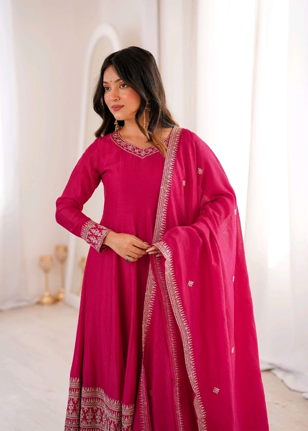PREMIUM QUALITY PURE BLOOMING VICHITRA SILK FABRIC FULLY FLARE GOWN,WITH DUPATTA WITH PENT FULL SET•NKB-75 - pink, XXL