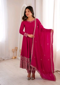 PREMIUM QUALITY PURE BLOOMING VICHITRA SILK FABRIC FULLY FLARE GOWN,WITH DUPATTA WITH PENT FULL SET•NKB-75 - pink, XXL