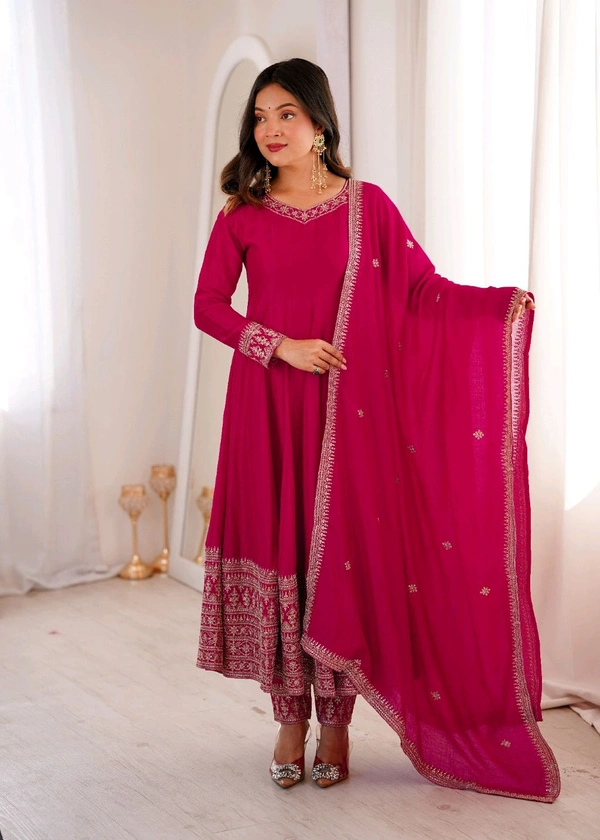 PREMIUM QUALITY PURE BLOOMING VICHITRA SILK FABRIC FULLY FLARE GOWN,WITH DUPATTA WITH PENT FULL SET•NKB-75 - pink, XXL