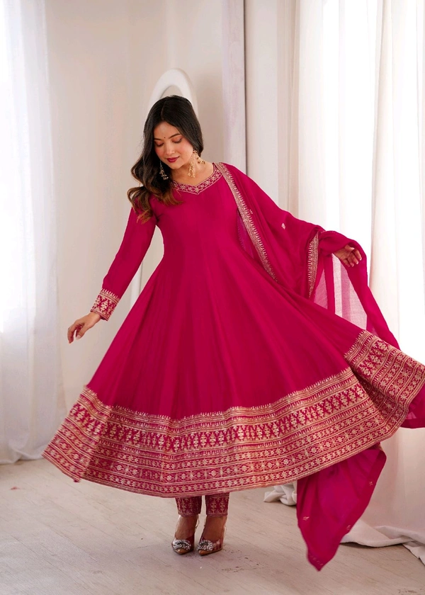 PREMIUM QUALITY PURE BLOOMING VICHITRA SILK FABRIC FULLY FLARE GOWN,WITH DUPATTA WITH PENT FULL SET•NKB-75 - pink, XXL