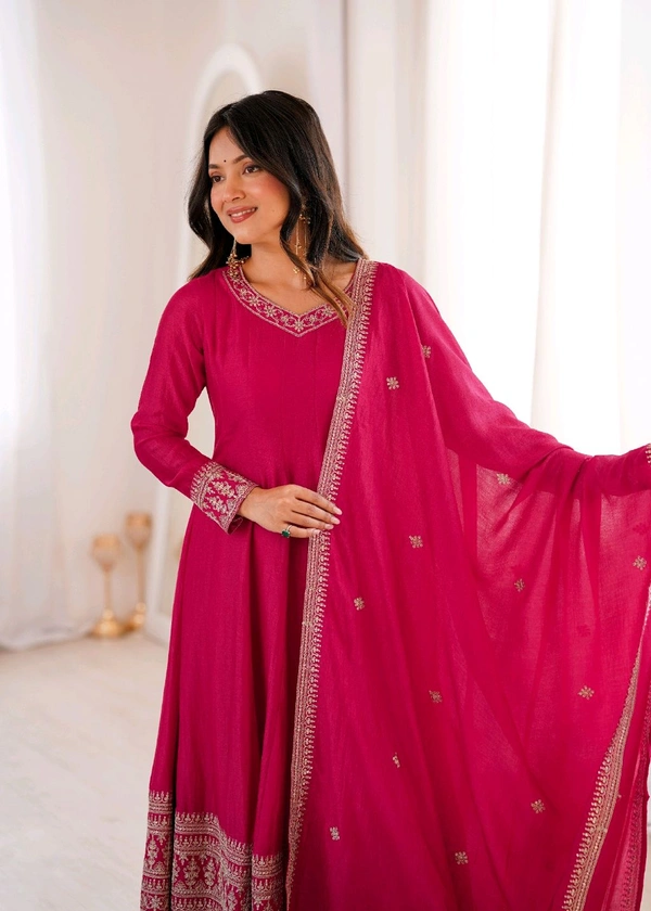 PREMIUM QUALITY PURE BLOOMING VICHITRA SILK FABRIC FULLY FLARE GOWN,WITH DUPATTA WITH PENT FULL SET•NKB-75 - pink, XXL