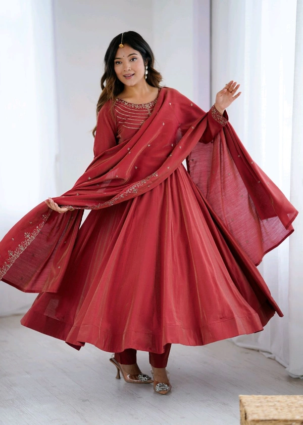 PURE ROMANSHIMMER CHANDERI SILK FABRIC FULLY FLAIR ANARKALI,WITH DUPPTA SET,PENT READY TO WEAR•NKB-62
- Maroon, XXL