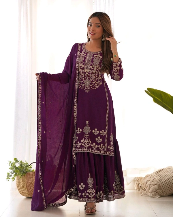 PURE CHINNON SILK FABRIC TOP WITH DUPPTA SET,SHARARA READY TO WEAR•NKB-73
- Clairvoyant, M