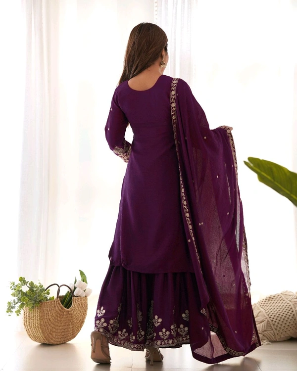 PURE CHINNON SILK FABRIC TOP WITH DUPPTA SET,SHARARA READY TO WEAR•NKB-73
- Clairvoyant, L