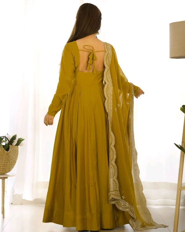 ROMANSILK CHANDERI FABRIC FULLY FLARE ANARKALI,WITH DUPPTA SET,PENT READY TO WEAR•NKB-40 - Gold, S
