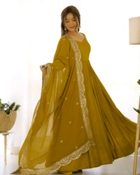 ROMANSILK CHANDERI FABRIC FULLY FLARE ANARKALI,WITH DUPPTA SET,PENT READY TO WEAR•NKB-40 - Gold, S