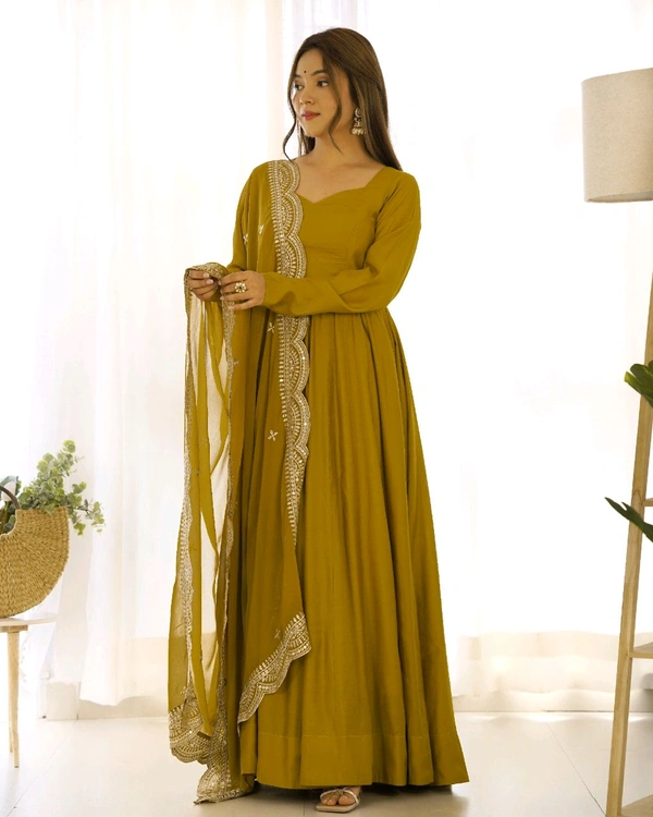ROMANSILK CHANDERI FABRIC FULLY FLARE ANARKALI,WITH DUPPTA SET,PENT READY TO WEAR•NKB-40 - Gold, S