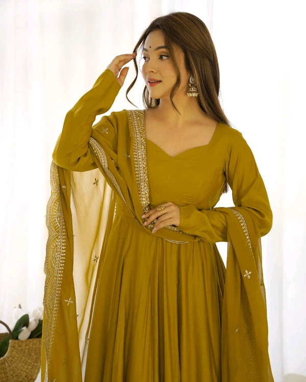 ROMANSILK CHANDERI FABRIC FULLY FLARE ANARKALI,WITH DUPPTA SET,PENT READY TO WEAR•NKB-40 - Gold, M