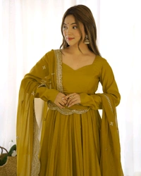 ROMANSILK CHANDERI FABRIC FULLY FLARE ANARKALI,WITH DUPPTA SET,PENT READY TO WEAR•NKB-40 - Gold, M