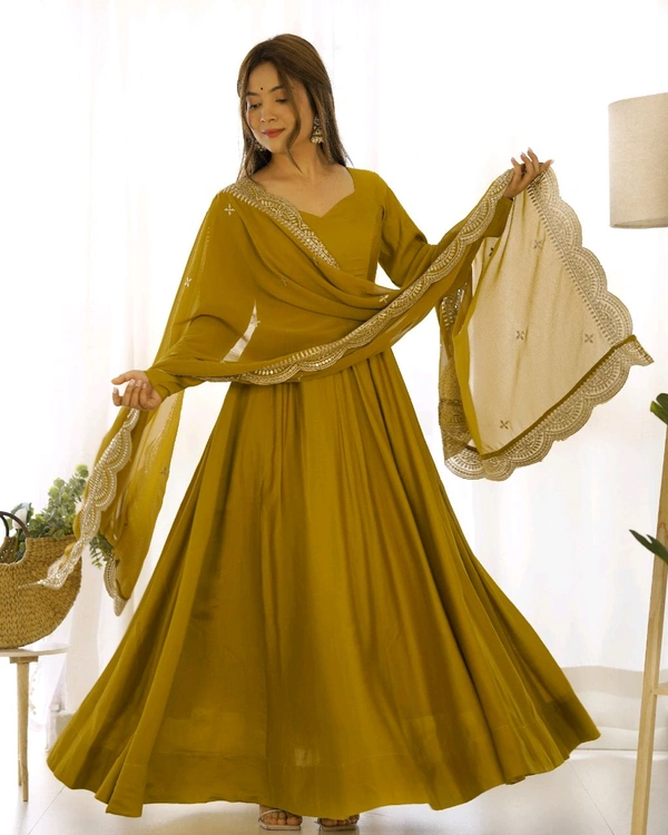 ROMANSILK CHANDERI FABRIC FULLY FLARE ANARKALI,WITH DUPPTA SET,PENT READY TO WEAR•NKB-40 - Gold, L