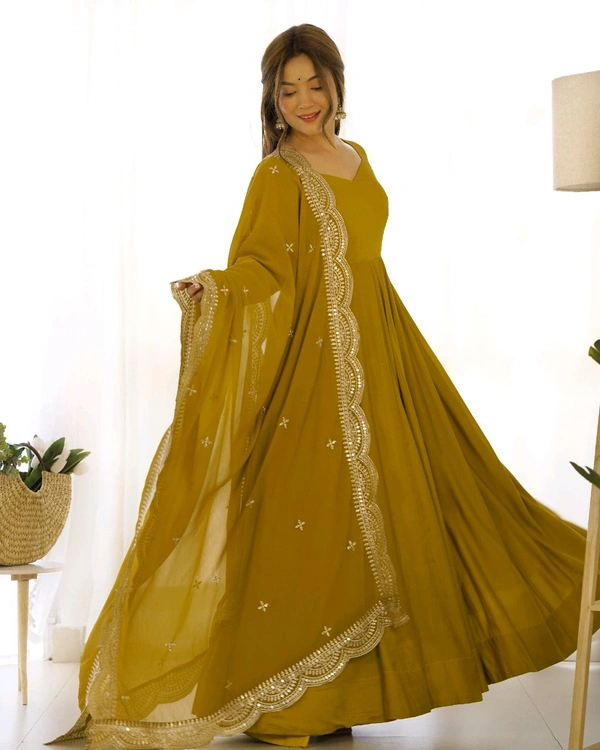ROMANSILK CHANDERI FABRIC FULLY FLARE ANARKALI,WITH DUPPTA SET,PENT READY TO WEAR•NKB-40 - Gold, XXL