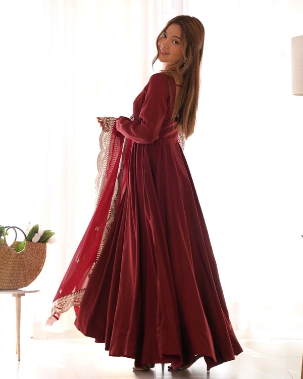 ROMANSILK CHANDERI FABRIC FULLY FLARE ANARKALI,WITH DUPPTA SET,PENT READY TO WEAR•NKB-40 - maroon, S