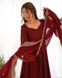ROMANSILK CHANDERI FABRIC FULLY FLARE ANARKALI,WITH DUPPTA SET,PENT READY TO WEAR•NKB-40 - maroon, M