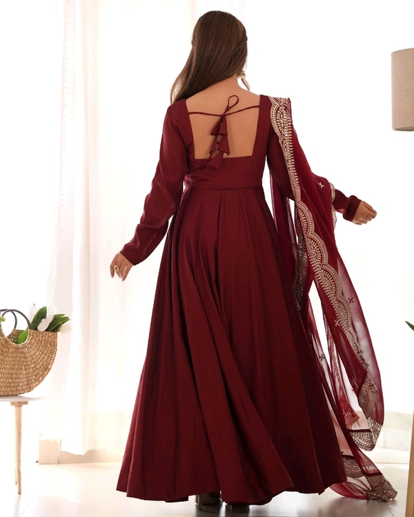 ROMANSILK CHANDERI FABRIC FULLY FLARE ANARKALI,WITH DUPPTA SET,PENT READY TO WEAR•NKB-40 - maroon, L