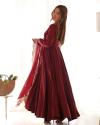 ROMANSILK CHANDERI FABRIC FULLY FLARE ANARKALI,WITH DUPPTA SET,PENT READY TO WEAR•NKB-40 - maroon, L