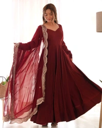 ROMANSILK CHANDERI FABRIC FULLY FLARE ANARKALI,WITH DUPPTA SET,PENT READY TO WEAR•NKB-40 - maroon, L