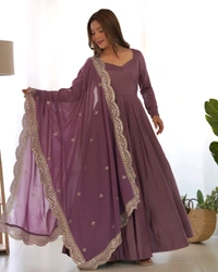 ROMANSILK CHANDERI FABRIC FULLY FLARE ANARKALI,WITH DUPPTA SET,PENT READY TO WEAR•NKB-40 - Wisteria, S
