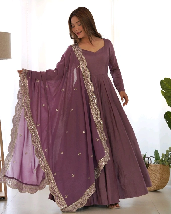 ROMANSILK CHANDERI FABRIC FULLY FLARE ANARKALI,WITH DUPPTA SET,PENT READY TO WEAR•NKB-40 - Wisteria, S
