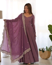 ROMANSILK CHANDERI FABRIC FULLY FLARE ANARKALI,WITH DUPPTA SET,PENT READY TO WEAR•NKB-40 - Wisteria, S