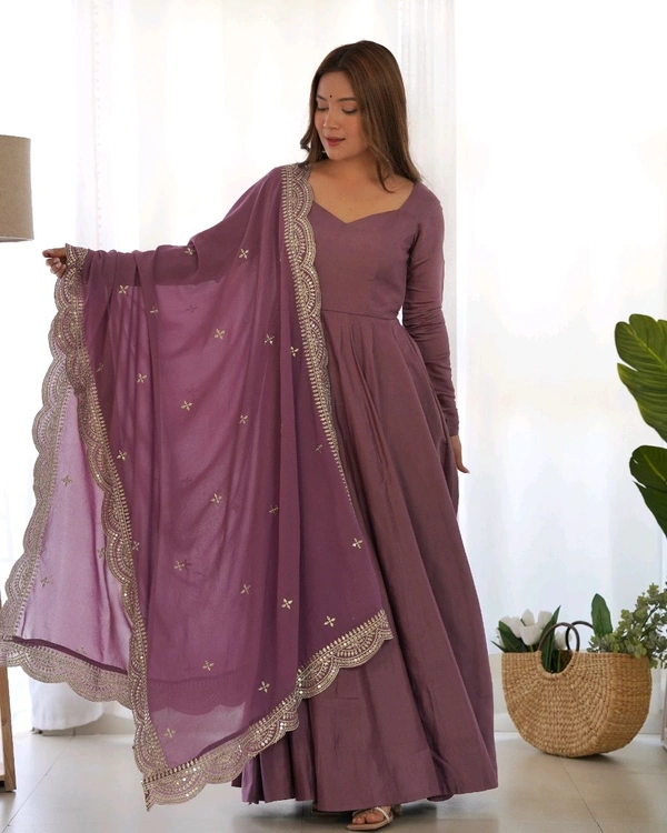 ROMANSILK CHANDERI FABRIC FULLY FLARE ANARKALI,WITH DUPPTA SET,PENT READY TO WEAR•NKB-40 - Wisteria, M