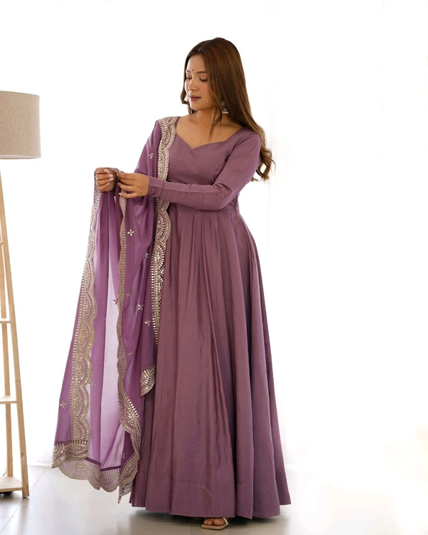 ROMANSILK CHANDERI FABRIC FULLY FLARE ANARKALI,WITH DUPPTA SET,PENT READY TO WEAR•NKB-40 - Wisteria, XL