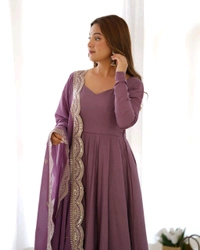 ROMANSILK CHANDERI FABRIC FULLY FLARE ANARKALI,WITH DUPPTA SET,PENT READY TO WEAR•NKB-40 - Wisteria, XL