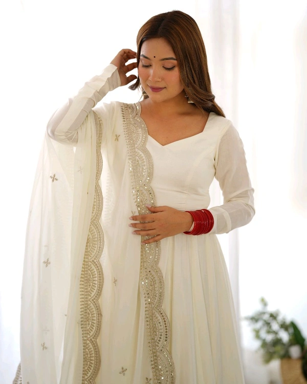 ROMANSILK CHANDERI FABRIC FULLY FLARE ANARKALI,WITH DUPPTA SET,PENT READY TO WEAR•NKB-40 - White, L