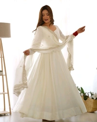 ROMANSILK CHANDERI FABRIC FULLY FLARE ANARKALI,WITH DUPPTA SET,PENT READY TO WEAR•NKB-40 - White, L