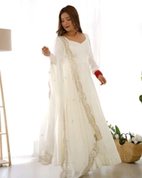 ROMANSILK CHANDERI FABRIC FULLY FLARE ANARKALI,WITH DUPPTA SET,PENT READY TO WEAR•NKB-40 - White, L