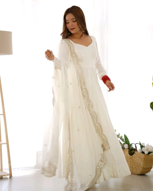 ROMANSILK CHANDERI FABRIC FULLY FLARE ANARKALI,WITH DUPPTA SET,PENT READY TO WEAR•NKB-40 - White, L