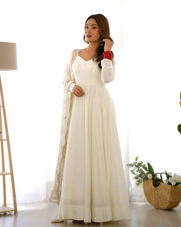 ROMANSILK CHANDERI FABRIC FULLY FLARE ANARKALI,WITH DUPPTA SET,PENT READY TO WEAR•NKB-40 - White, XL