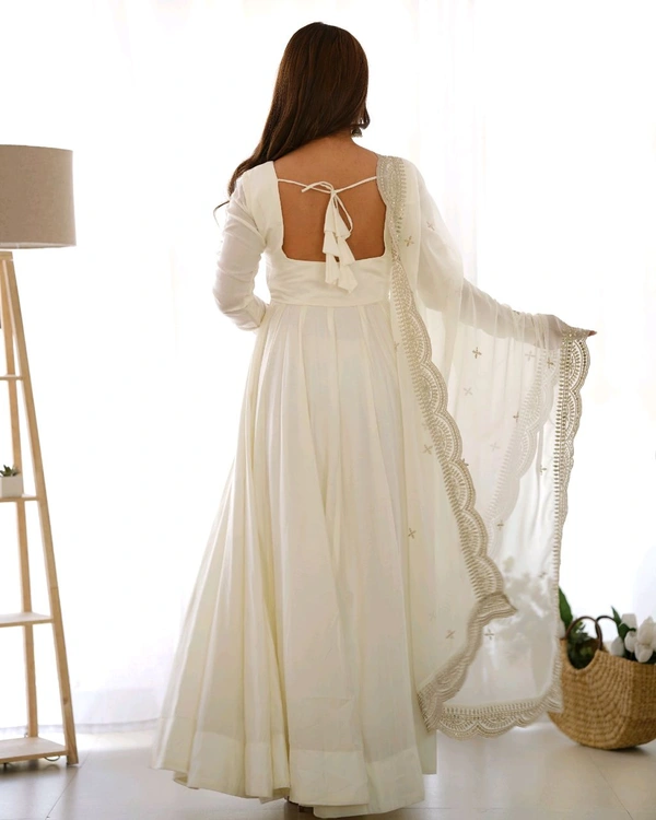 ROMANSILK CHANDERI FABRIC FULLY FLARE ANARKALI,WITH DUPPTA SET,PENT READY TO WEAR•NKB-40 - White, XL