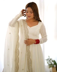 ROMANSILK CHANDERI FABRIC FULLY FLARE ANARKALI,WITH DUPPTA SET,PENT READY TO WEAR•NKB-40 - White, XL