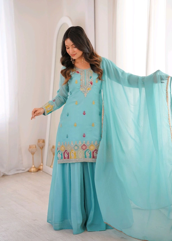 PURE SOFT CRUNCHY SILK FABRIC TOP,SHARARA WITH DUPATTA SET READY TO WEAR•NKB-71
